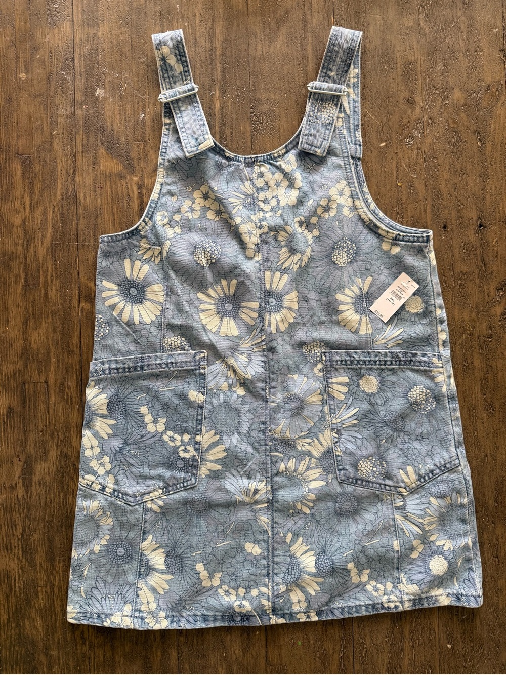 GAP Girls Floral Denim Pinafore - Light Blue and Cream Size XXL 14-16